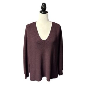 Athleta Burgundy Ribbed V‎ Neck Merino Wool Blend Sweater Women's Size Large